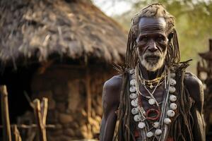 ai gerado retrato do a africano masculino chefe dentro dele africano Vila. África foto