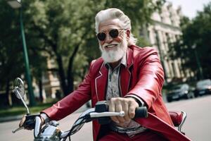 ai gerado a idosos brutal homem com uma barba e óculos passeios uma motocicleta em uma cidade rua dentro verão foto