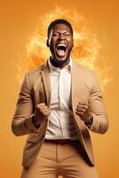 ai gerado a emocional jovem africano americano homem dentro uma terno em uma amarelo fundo comemora sucesso foto