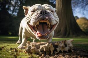 ai gerado Bravo buldogue com grande dentes em a rua foto