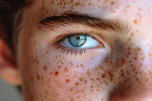 ai gerado macro fotografia do a azul olhos do uma ruiva Adolescência Garoto foto