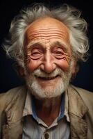 ai gerado retrato do uma engraçado velho homem com uma barba em uma Preto fundo foto