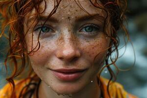 ai gerado retrato do uma jovem ruivo mulher contra a fundo do uma chuvoso rua. grandes encaracolado vermelho cabelo foto