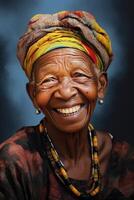 ai gerado retrato do uma alegre idosos africano mulher em uma Sombrio fundo foto