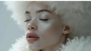 ai gerado retrato do a albino africano menina com branco cabelo fechar-se foto