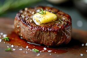 ai gerado grelhado carne bife com uma peça do queijo em uma prato , servido em a mesa foto