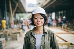 ai gerado uma mulher engenheiro, construtor ou arquiteto dentro uma capacete contra a fundo do uma construção local foto