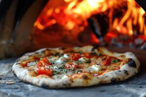 ai gerado delicioso fresco italiano pizza mentiras perto a forno, cozido dentro uma Madeira queimando forno foto