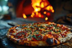 ai gerado delicioso italiano pizza em a mesa perto a forno, cozido dentro uma Madeira queimando forno foto
