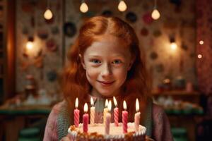 ai gerado uma ruiva jovem menina vai golpe Fora a velas em a aniversário bolo foto