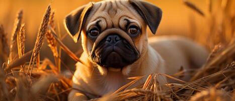 ai gerado contente pug em repouso dentro uma campo do outono folhas. foto