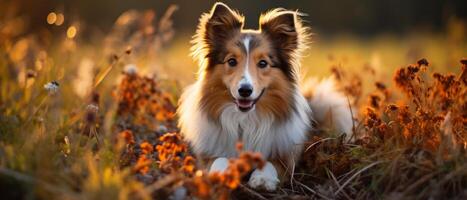 ai gerado Sheltie cachorro dentro pôr do sol claro. foto