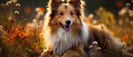 ai gerado Sheltie cachorro dentro pôr do sol claro. foto