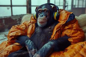 ai gerado uma chimpanzé macaco com musical fones de ouvido é sentado dentro a poltrona foto