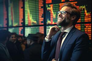 ai gerado uma alegre, feliz homem de negocios dentro uma formal terno contra a fundo do estoque troca gráficos. comércio e finança, a conceito do a estoque mercado foto