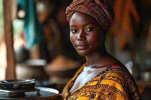 ai gerado jovem africano americano menina dentro a cozinha às casa foto