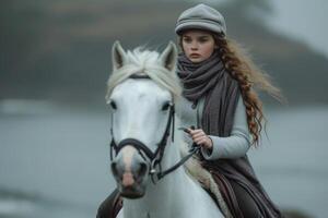 ai gerado uma jovem bonita menina dentro caloroso roupas equitação uma cavalo contra a fundo do natureza foto
