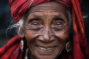 ai gerado sorridente idosos africano mulher dentro uma nacional cocar , retrato do uma face foto