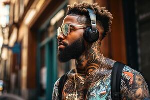ai gerado uma bonito jovem afro-americano homem com uma barba vestindo fones de ouvido, ouvindo para música enquanto caminhando ao longo uma cidade rua dentro verão foto
