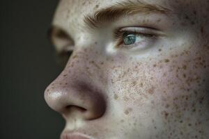 ai gerado fechar-se do uma jovem masculino face em uma luz fundo foto