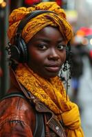ai gerado fechar-se retrato do a afro-americano mulher vestindo fones de ouvido em uma cidade rua foto