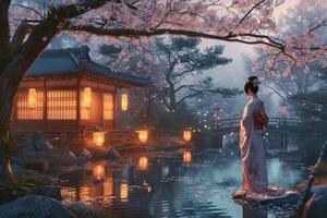 ai gerado ásia menina do japonês nacionalidade dentro uma nacional traje em a fundo do uma japonês jardim foto