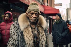 ai gerado a afro-americano bandido dentro uma pele casaco carrinhos em uma cidade rua. Harlem foto