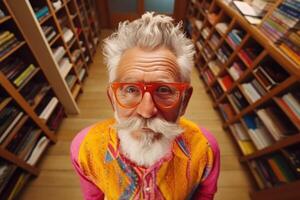 ai gerado retrato do uma alegre, feliz idosos homem dentro colori roupas e óculos dentro a biblioteca foto