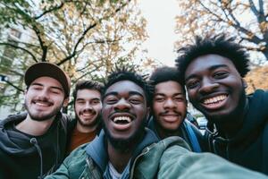 ai gerado uma reutilizável jovem grupo do feliz pessoas leva uma selfie foto em uma Câmera lado de fora