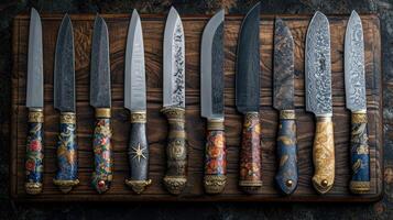 ai gerado topo Visão do Damasco aço cozinha facas em uma de madeira borda foto