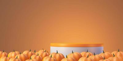 Fundo de maquete de produto de halloween com exibição de pódio de produto laranja em 3D e abóbora, ilustração de renderização em 3D foto