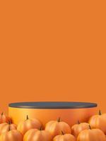 Fundo de maquete de produto de halloween com exibição de pódio de produto laranja em 3D e abóbora, ilustração de renderização em 3D foto