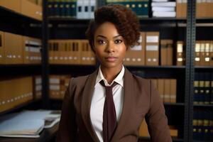 ai gerado retrato do uma à moda afro-americano bibliotecário dentro formal roupas, em pé dentro a universidade biblioteca e olhando às a Câmera foto