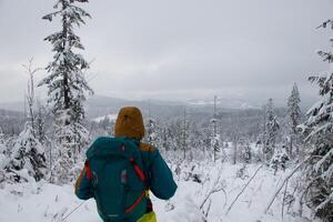 viajante parece por aí a Nevado panorama. inverno andar através intocado panorama dentro beskydy montanhas, tcheco república. caminhada estilo de vida foto