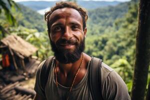 ai gerado retrato do uma alegre barbudo viajante com uma mochila contra a fundo do natureza. Guiné foto