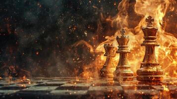 ai gerado à moda Preto xadrez carrinhos em uma tabuleiro de xadrez e uma fogo é queimando em volta. sombrio meio Ambiente foto