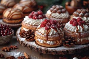 ai gerado delicioso sobremesa mesa doce Barra em uma festivo mesa com vários doces, bolos foto