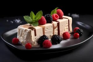 ai gerado semifreddo - originário dentro Itália, semifreddo é uma congeladas sobremesa semelhante para gelo creme mas com uma isqueiro textura, frequentemente com sabor com frutas, nozes, ou chocolate foto