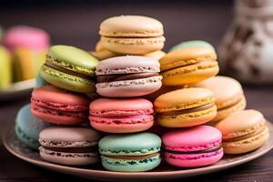 ai gerado macarons - originário dentro França, macarons estão delicado sanduíche biscoitos fez a partir de amêndoa farinha, preenchidas com vários com sabor cremes ou geléias foto