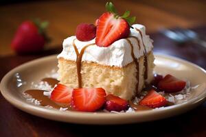 ai gerado tres leches bolo - saudação a partir de latim América, tres leches bolo é uma esponja bolo encharcado dentro 3 tipos do leite, evaporado leite, condensado leite, pesado creme, coberto com açoitado creme foto