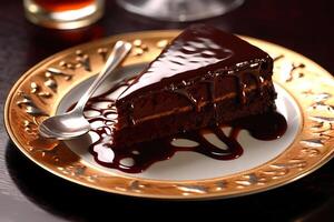 ai gerado torta sacher - saudação a partir de Áustria, shertorte é uma denso chocolate bolo com uma camada do Damasco geléia, coberto dentro uma Sombrio chocolate Esmalte foto