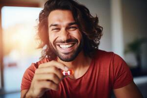 ai gerado feliz árabe homem levando suplemento cápsula desfrutando ginástica nutrição. foto