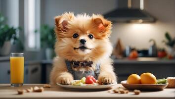 ai gerado fofa cachorro sentado dentro a cozinha às a mesa foto