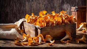 ai gerado cru chanterelle cogumelos em a velho fundo foto