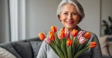 ai gerado retrato do uma lindo idosos mulher com uma ramalhete do tulipa flores dentro a vivo quarto foto