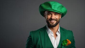 ai gerado à moda feliz homem dentro verde chapéu e verde roupas foto