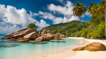 ai gerado magnífico ensolarado de praia dentro seychelles foto