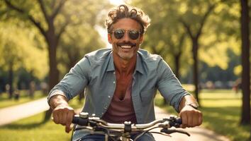 ai gerado retrato do uma feliz adulto homem equitação uma bicicleta dentro a parque foto