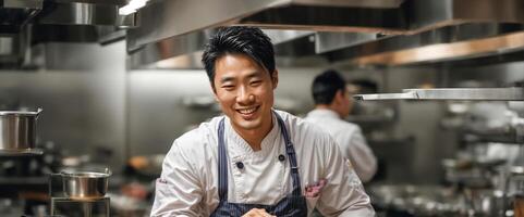 ai gerado feliz ásia masculino cozinhar dentro restaurante cozinha foto