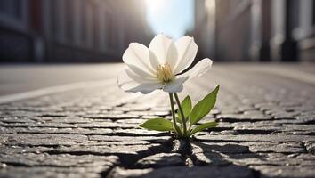 ai gerado lindo solitário flor cresce a partir de asfalto foto